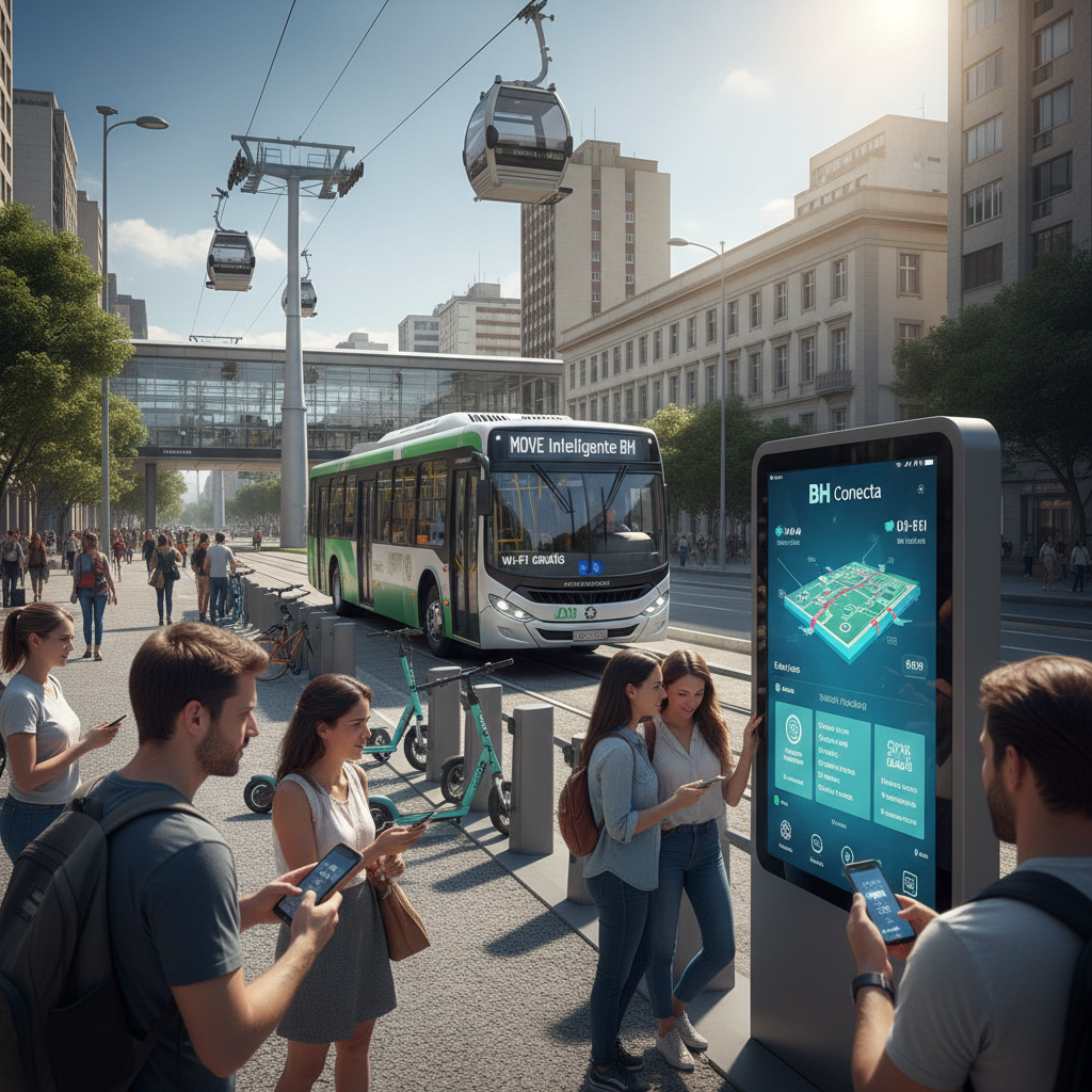Mobilidade urbana inteligente em Belo Horizonte com totem digital e ônibus elétrico