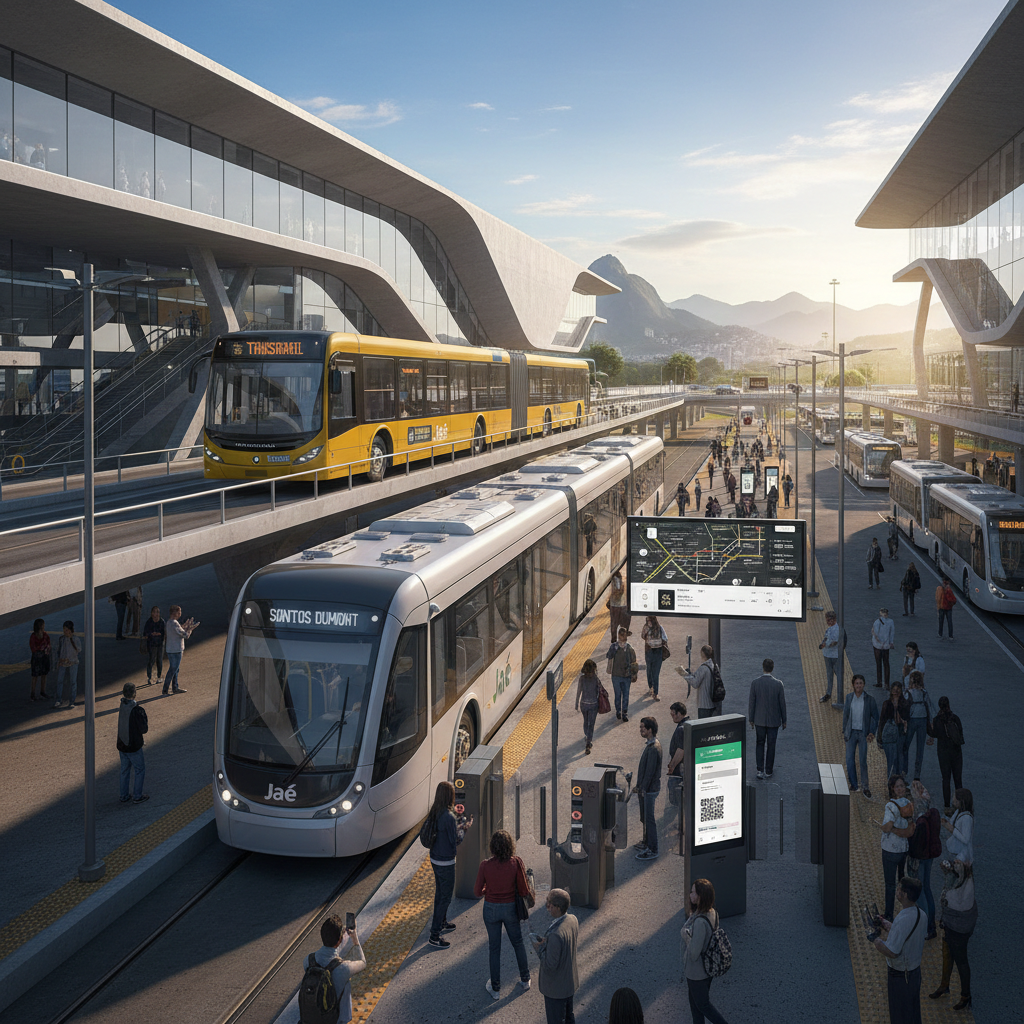 Estação multimodal de transporte no Rio de Janeiro com VLT e bilhetagem digital