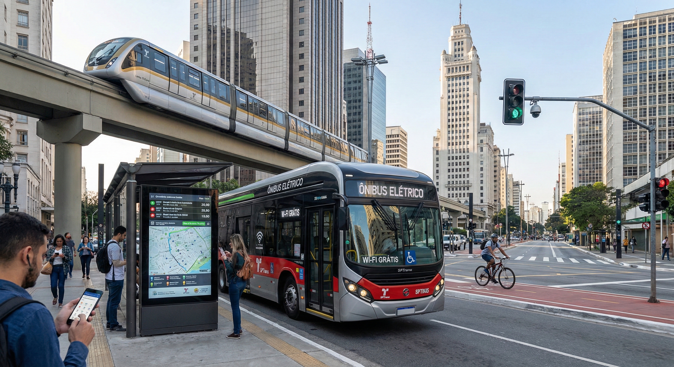 Mobilidade urbana em São Paulo: ônibus elétrico e monotrilho na Avenida Paulista