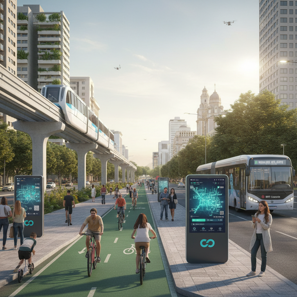 Transporte inteligente com painéis digitais, ciclovia e monotrilho